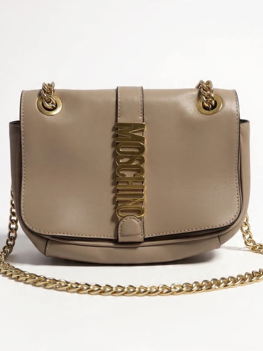 Moschino Taupe Leather Crossbody with Gold Chain Logo